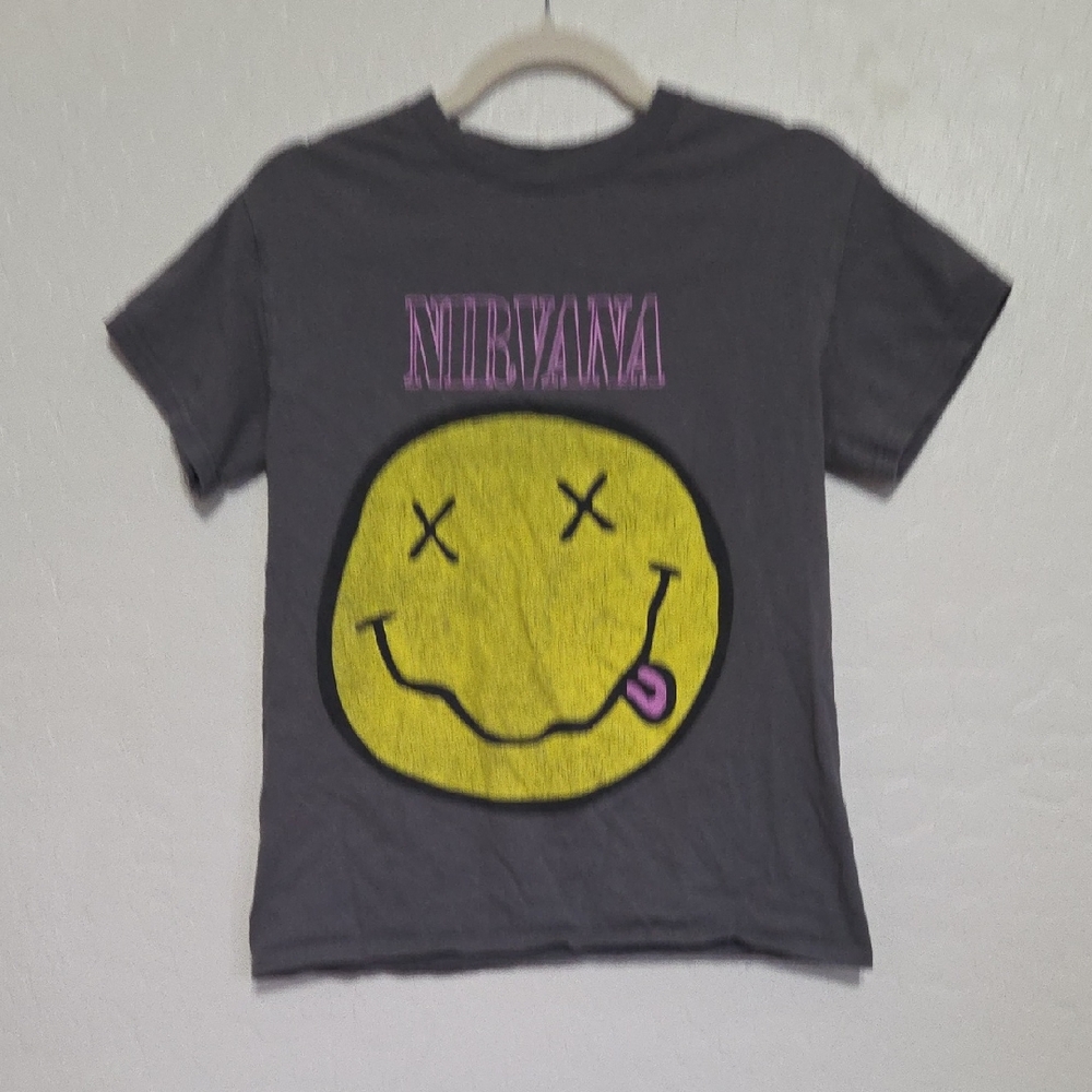 NIRVANA Charcoal Short Sleeve Tee with Yellow Smiley and Pink Logo